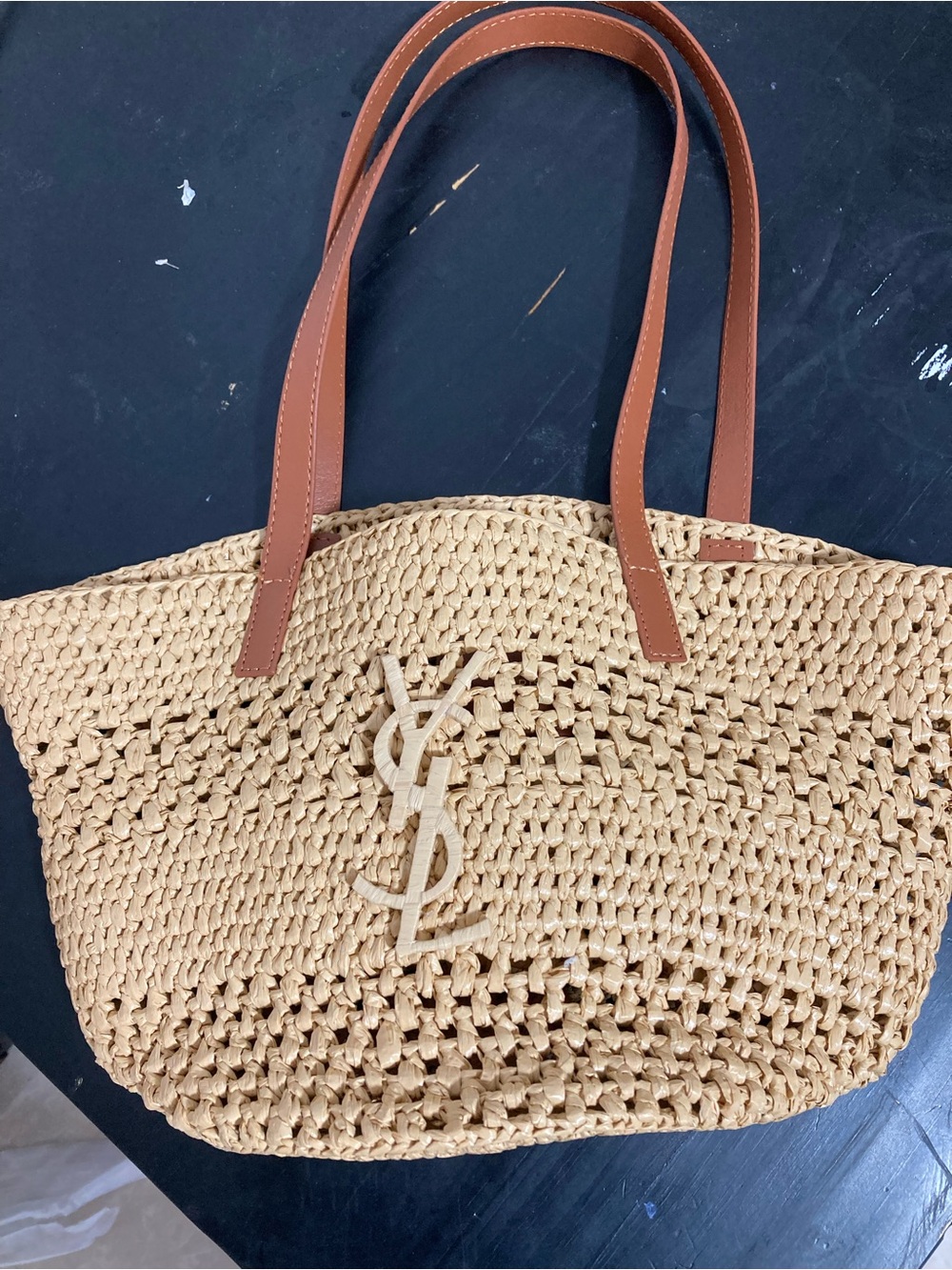 Woven Straw Tote with Tan Leather Handles and Logo Accent